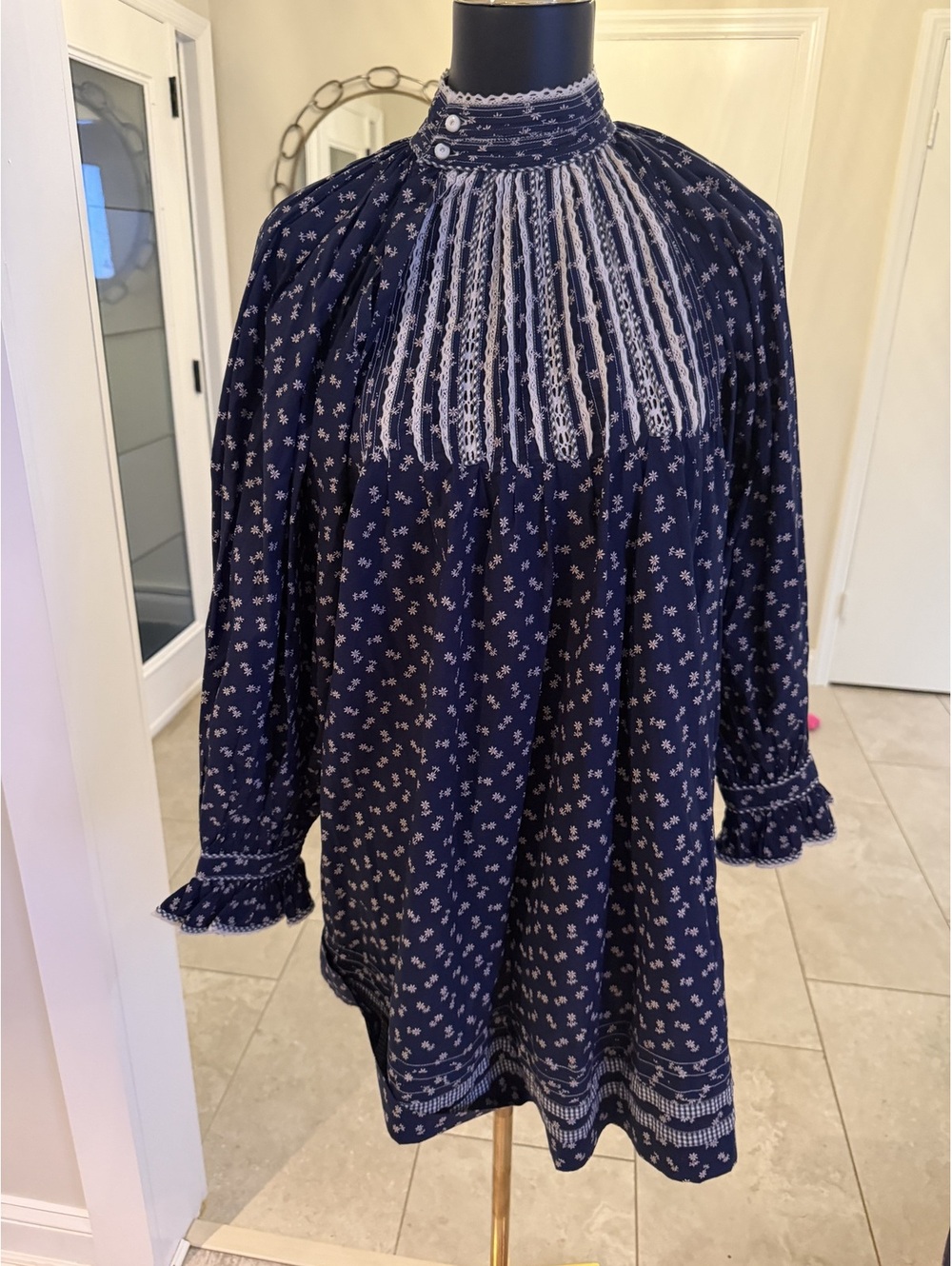 NWOT DOEN Beatrice Cotton Poplin cottage core navy long sleeve floral dress XS - Picture 2 of 6